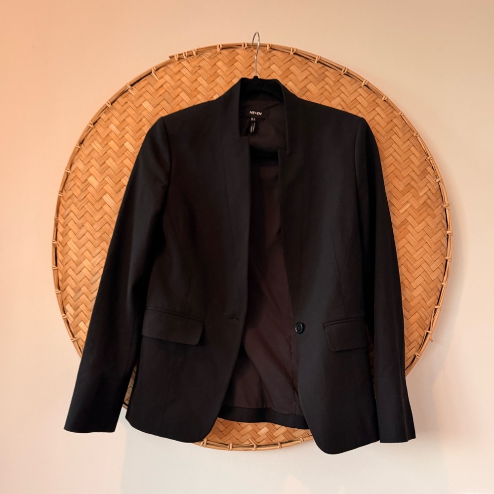 ME + EM WOMEN’s TEXTURED TAILORING COLLARLESS BLACK BLAZER CORPCORE QUIET LUXURY - Picture 12 of 16